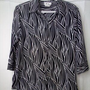 N Touch Blouse Women 6 Button Up 3/4 Sleeve Pattern Black White